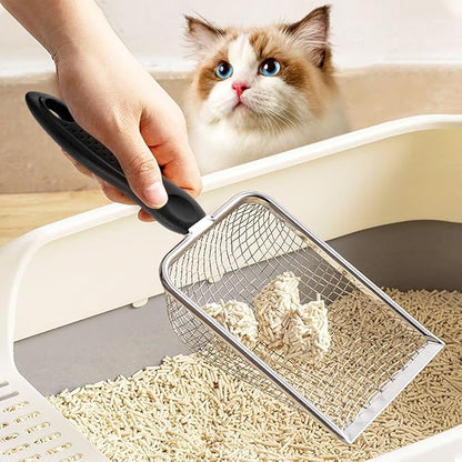 Cat Litter Scoop - Long Handle Scooper, Rustproof Stainless Steel Mesh, Non-Slip Grip, Deep Shovel Sifter for All Litter Types, Easy Clean Kitty Waste Litter for Litter Box(Red)