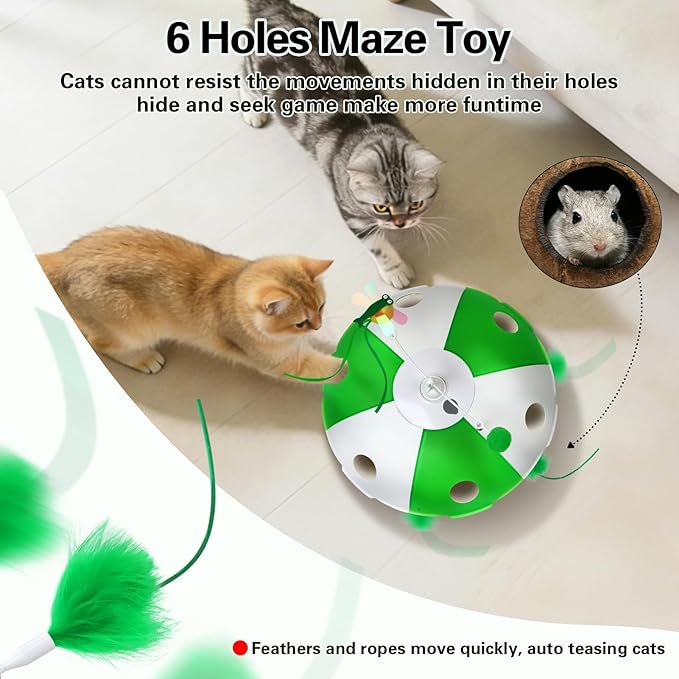 Cat Toys Rechargeable, Interactive Cat Toys for Indoor Cats, Touch Activated, Moving Feather, Bird Chirping, 6 Holes Maze Mouse Catching Game