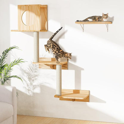 Wall Mounted Cat Tree 47” Tall, Cat Activity Tree Tower Set: Scratching Post, Climbing Step and Interior Bed Area, Wooden Handcrafed Cats Wall Shelves for Sleeping Playing Lounging Perching