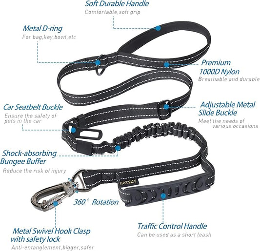 Hotsky Tactical Dog Leash Heavy Duty for Medium Large Dogs that Pull,4-6Ft Strong Bungee Shock Absorbing No Pull Dog Leash with Padded Double Handle and Car Seatbelt,Reflective Black