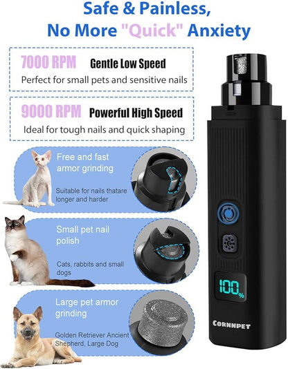 Electric Dog Nail Grinder with 2 Level LED Lights, 2 Speed Super Quiet and Low Vibration Rechargeable Pet Nail Grinder for Small Dogs and Cats - Black
