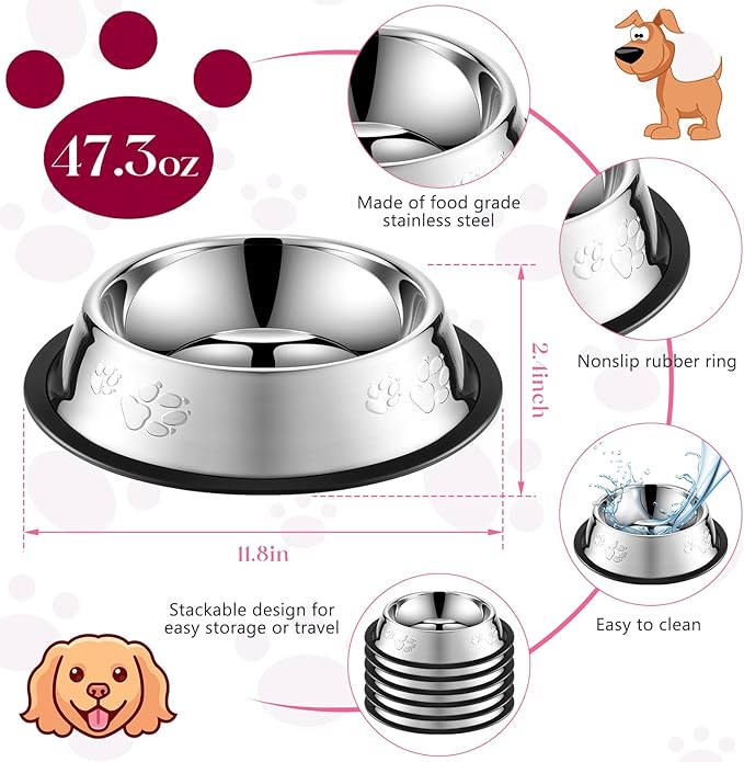 Tanlade 8 Pack Stainless Steel Dog Bowls Metal with Rubber Base Non-Slip Pets Puppy Cats Feeding Food and Water Bowls Dishwasher-Safe for Indoor Small Medium Large Dogs Cats Kitten Rabbit(47.3 oz)