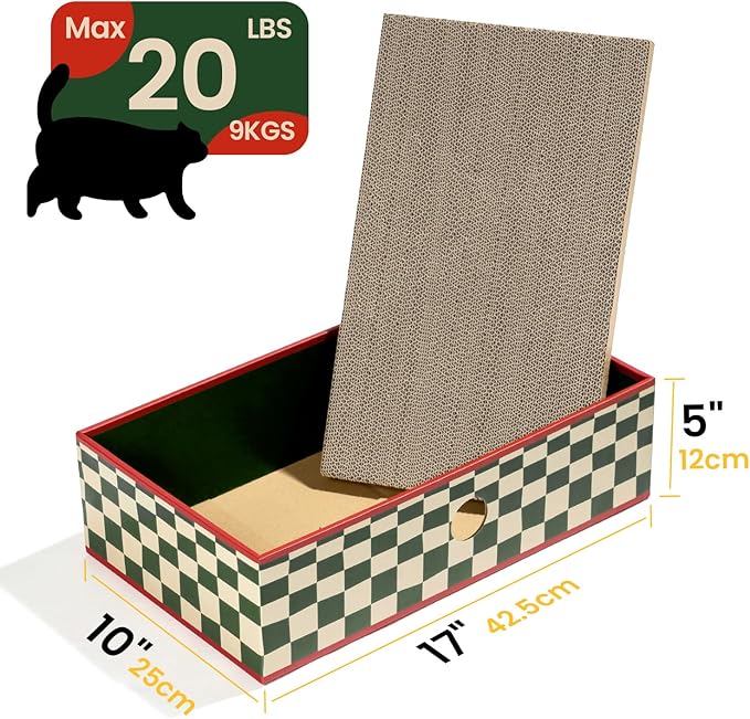 Cat Scratcher Box with 3-Layer Corrugated Pad, Heavy-Duty Double-Sided Cardboard Scratching Board & Bed, Checkered Design, for Cats, Large