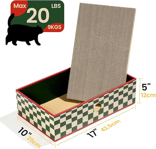 Cat Scratcher Box with 3-Layer Corrugated Pad, Heavy-Duty Double-Sided Cardboard Scratching Board & Bed, Checkered Design, for Cats, Large