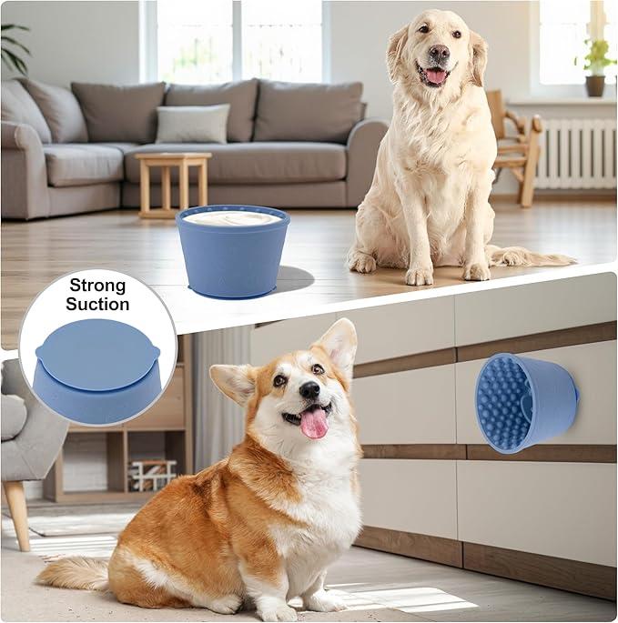 Slow Feeder Dog Bowls, Silicone Dog Lick Bowl with Brush & Scraper, Non-Slip Base Slow Feeder for Anxiety Alleviating & Oral Health, Navy Blue