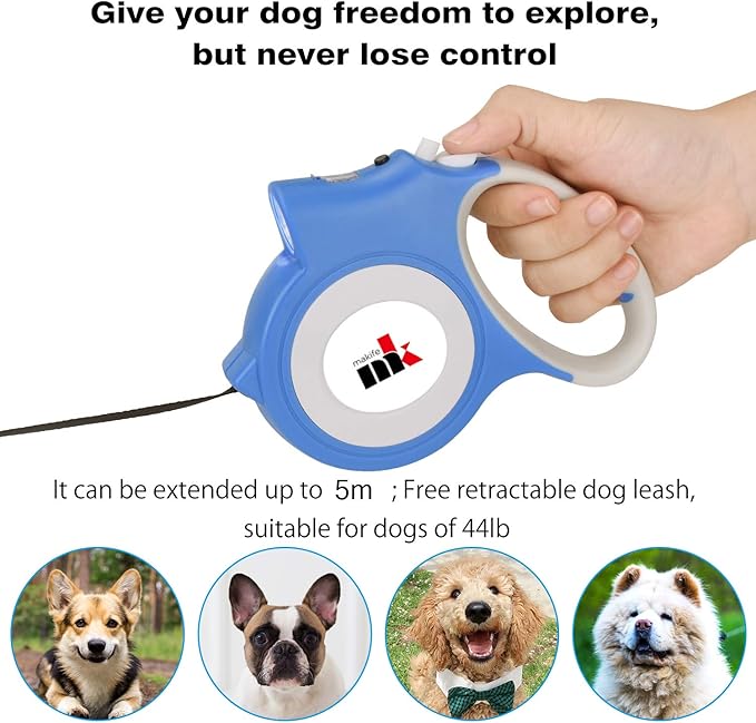 Retractable Dog Leash with LED Light Makife 5m Extendable Dog Lead for Small Medium Puppis up to 25kgs, One-Hand Brake & Lock System, Ergonomic Handle - Blue