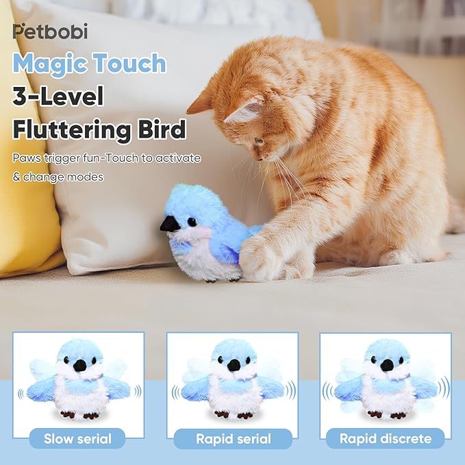 Petbobi Flappy Bird Cat Toy - Realistic Interactive Cat Toy with Sparrow Bird Chirp Tweet Flapping Wings (Non-Flying Design), Rechargeable Motion-Activated Catnip Toys for All Breeds Kittens, Blue