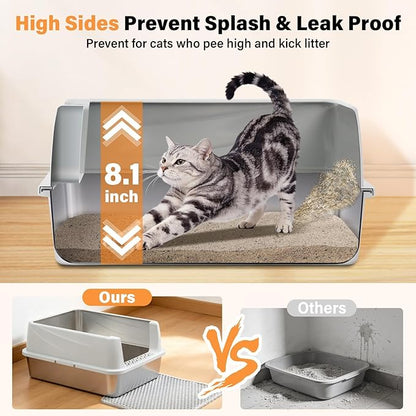 Stainless Steel Cat Litter Box, Metal Kitty Litter Box with High Sides Lid for Kittens, Small or Medium Cats, Open Top Low Entry Litter Pan Include Scoop and Mat, Anti-Urine Leakage, Easy Cleaning, M