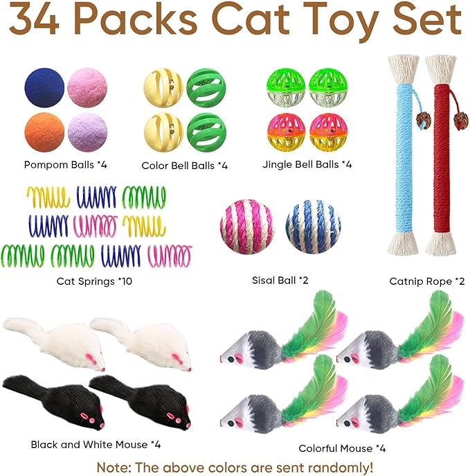 Cat Toys for Indoor Cats, 34 Packs Interactive Cat Toy Set with Colorful Springs Toys, Mouse Toy, Catnip Ropes, Balls, Bells, and Sisal Ball for Kittens