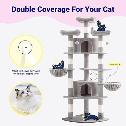 Allewie 73in Fan-Shaped Space-Saving Corner Cat Tower/Multi-Level Tall Cat Tree for Indoor Kitties/Cozy Baskets/Condos/House/Perches/Sisal Scratching Posts/Pet Activity Center/Grey