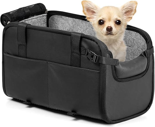YUDODO 2-12lbs Center Console Dog Car Seat, Anti-Slip Pet Cat Booster Seat for Small Dogs, Portable Puppy Bed Carseat Carrier PU Leather Black