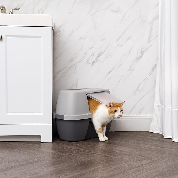 IRIS USA Corner Cat Litter Box - Enclosed Corner Litter Box with Scoop, Hooded Litter Tray for Corners, Space-Saving Covered Litter Box, Odor Defensive, Dark Gray