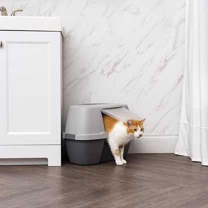 IRIS USA Corner Cat Litter Box - Enclosed Corner Litter Box with Scoop, Hooded Litter Tray for Corners, Space-Saving Covered Litter Box, Odor Defensive, Dark Gray