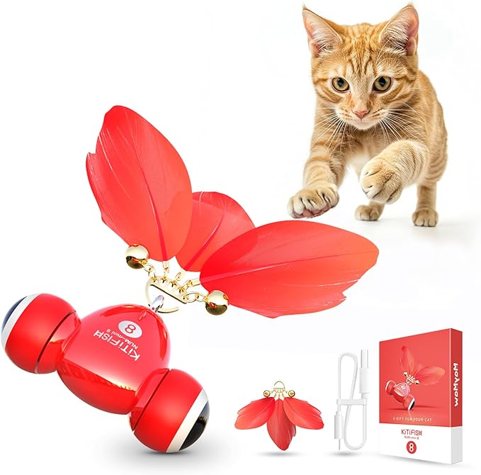 Kitifish Automatic Cat Toys for Indoor Cats, Interactive Cat Feather Toys with Feather and Bell, Smart Electric Moving Kitty Toy, kitifish Toys, Stiulate Hunting Instinct for Your Kitty