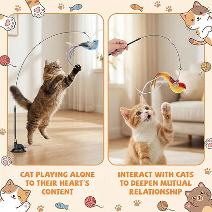 Interactive Cat Feather Toy with Suction Cup – 10-Piece Set Including 2 Detachable Wands & 6 Replacement Teasers, No-Marking Vacuum Base for Indoor Play