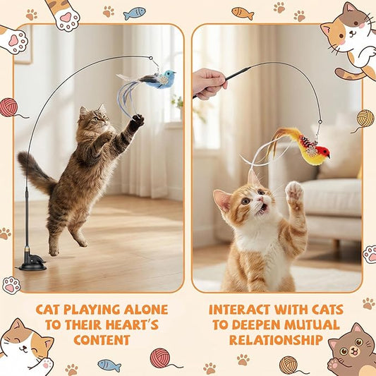Interactive Cat Feather Toy with Suction Cup – 10-Piece Set Including 2 Detachable Wands & 6 Replacement Teasers, No-Marking Vacuum Base for Indoor Play