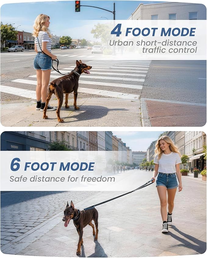 Reinforced Crossbody Dog Leash, 4–6ft Adjustable Multifunction Leash with Dual Padded Handles, Durable Nylon Lead Featuring Solid Metal Clips for Daily City & Park Walking