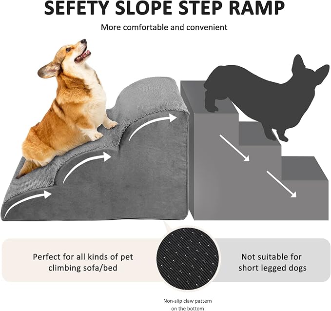 Dog Stairs, Pet Stairs for Dogs and Cats, 3 Steps Dog Stairs for Bed and Sofa, Washable & Zippered Cover Pet Ramp, Non-Slip Pet Steps(Black)