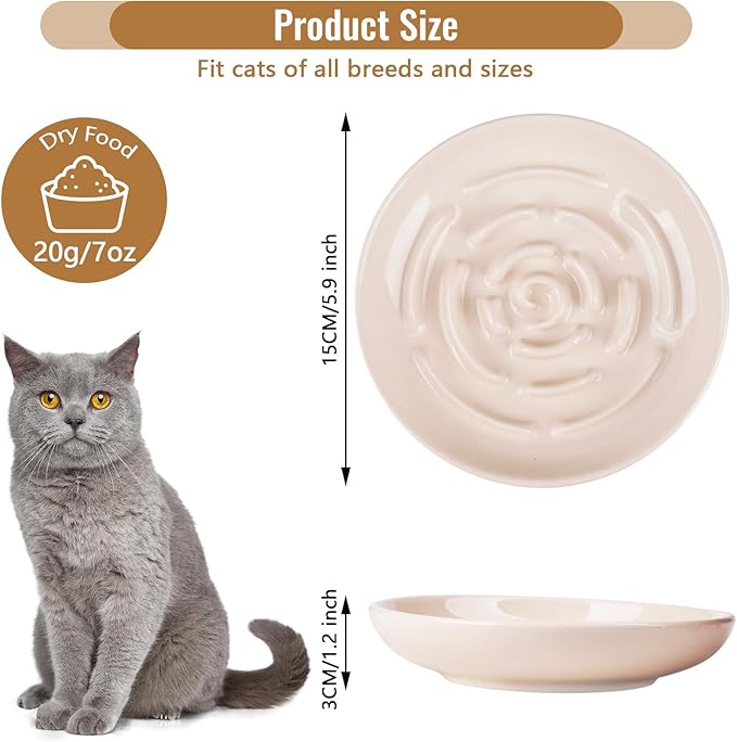 Slow Feeder Cat Bowl Set of 2, Ceramic Slow Feeding Cats Bowl Whisker Friendly, Anti Vomiting Cat Feeder for Dry and Wet Food，Fun Maze Interactive Bloat Stop Puzzle Bowls for Healthy Eating Diet