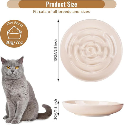 Slow Feeder Cat Bowl Set of 2, Ceramic Slow Feeding Cats Bowl Whisker Friendly, Anti Vomiting Cat Feeder for Dry and Wet Food，Fun Maze Interactive Bloat Stop Puzzle Bowls for Healthy Eating Diet