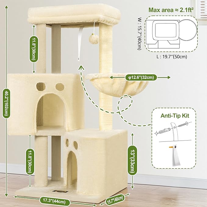 Small Cat Tree Tower for Indoor Cats, 40 in Medium Multi-Level Compact Cat House Bed with 2 Condos, Large Platform Perch, Sisal Scratching Post, Hammock, Cat Climbing Stand for Kitty Kitten(Beige)
