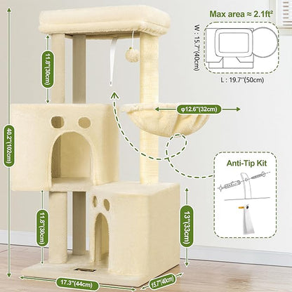 Small Cat Tree Tower for Indoor Cats, 40 in Medium Multi-Level Compact Cat House Bed with 2 Condos, Large Platform Perch, Sisal Scratching Post, Hammock, Cat Climbing Stand for Kitty Kitten(Beige)
