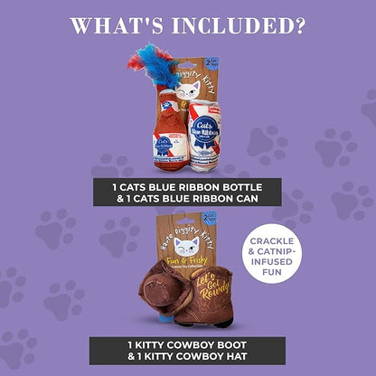 Cats Blue Ribbon + Kitty Cowboy Set, Plush Cat Toys Catnip Filled with Interactive Crackle Sound, Safe & Durable Toys for Cat & Kitten, 4 Pcs