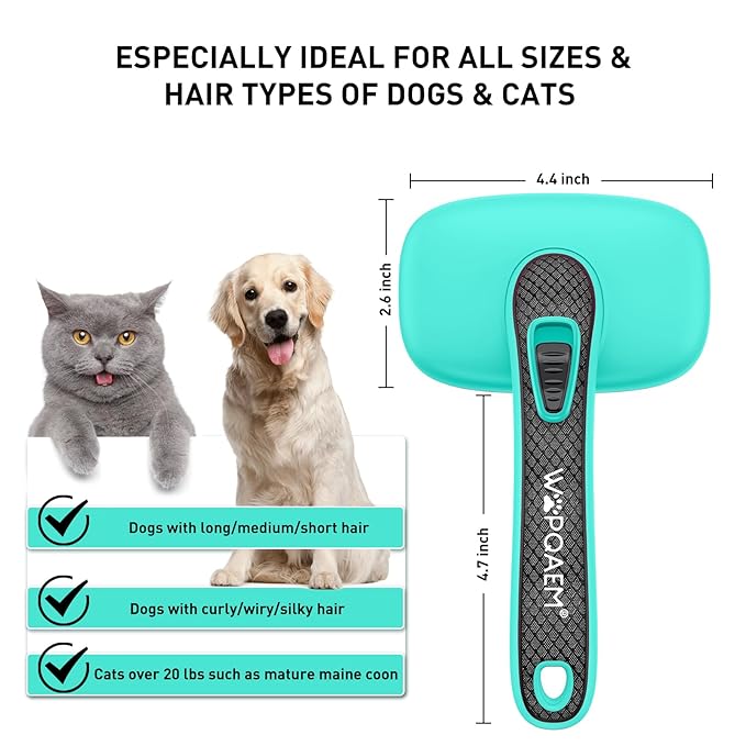 Self Cleaning Slicker Brush for Dog, Skin Friendly Shedding & Grooming Tool for Long and Short Haired Dogs and Cats, Easy Clean Retractable Bristles, Green
