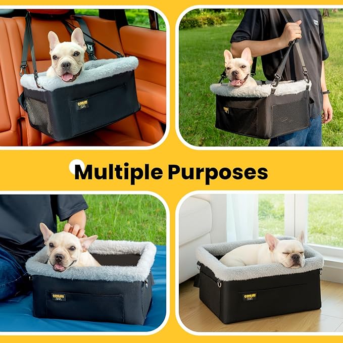 Conlun Dog Car Seat Booster for Small Pet Under 20lbs, Portable Travel Puppy Car Seat with Internal Steel Frame, Comfort Cushion & Storage Pockets, Adjustable Straps Fit Most Cars, Black