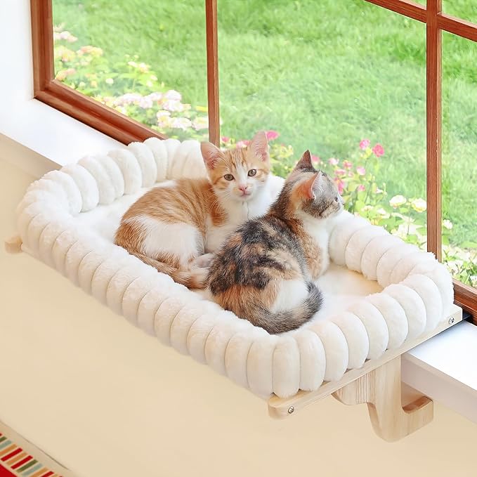 Zakkart SnugCloud Cat Window Perch with 4-Sided Bolster - Large Cat Hammock for Window Sill - Solid Hardwood & Metal Frame - Window Seat for Pets (Natural Color Wood w/White Bed, Large)