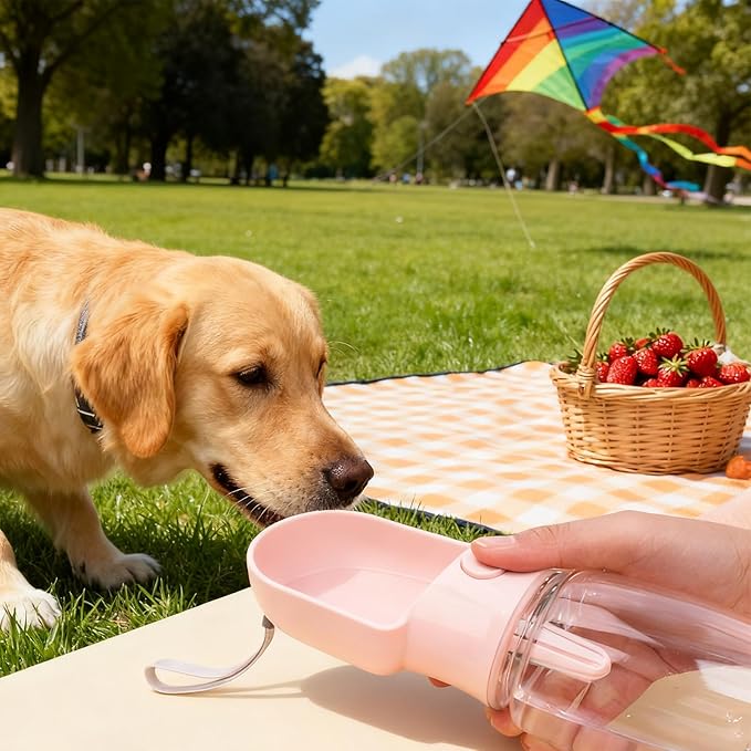 2-in-1 Dog Water Bottle with Food Container - 10oz Leak-Proof Travel Water Dispenser, Travel Water Bowl for Cats, Dogs, and Puppies - Essential for Walks, Hikes, and Travel (Pink)