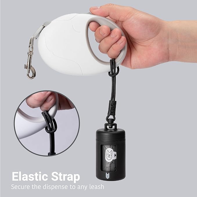 Retractable Dog Waste Bag Dispenser + Bag Holder Kit, Dog Poop Bag Dispenser, Retractable Waste Bag Dispenser, Lightweight Poop Bag Holder, Stretchy Strap Fits Any Dog Leash (Black)
