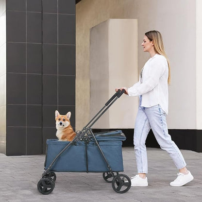 20% Larger Capacity Dog Stroller, Wedyvko Pet Strolling for Medium Dogs w/Dog Poop Bags & Dispenser, Storage Pouch, Zipperless, Entry in/Out Easy, Cat Stroller Universal (Navy Bule)
