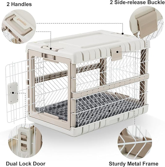 Collapsible Dog Crate with Bed Mat, 28'' Foldable Dog Kennel for Medium Dogs, Tool-Free Portable Cage with 2 Rolling Wheels & Handles, Pet Carrier for Indoor Outdoor