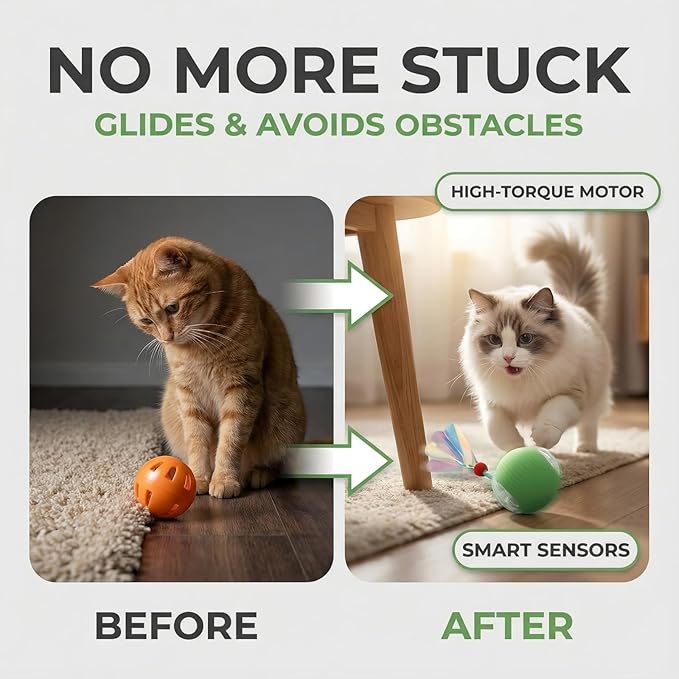 JBD Interactive Cat Toy Ball for Indoor Cats-Silent Automatic Rolling & Self Moving Electric Kitten Toys, USB Rechargeable Smart Ball with Tail, Motion Activated Hunting Exercise for Bored Cats Green