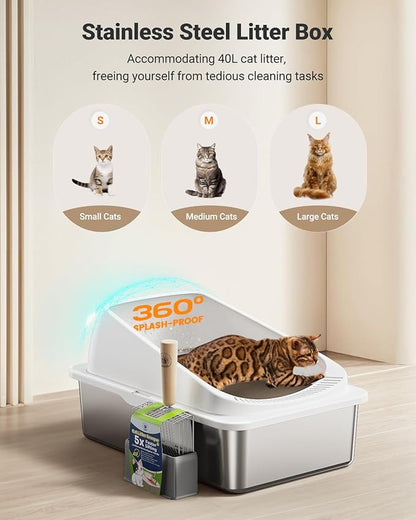 2 Pack Stainless Steel Cat Litter Box with High Sides Lid, XL Extra Large Metal Litter Box for Large Kitty and Multi-Cats, Anti-Urine Leakage, Non-Sticky, Include Scoop and Mat (Black＆White)