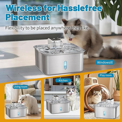 Wireless Dog Water Fountain - Dog Water Bowl Dispenser, 7L/236oz Large Capacity Stainless Steel Cat Fountain with Motion Sensor, Auto Water Dispenser for Multi-Pet Home (Square+5 Filters+5 Sponges)