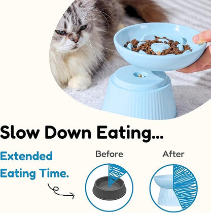 Unbreakable Raised Slow Feeder Bowl for Cats and Small Dogs, Elevated Cat Bowls, Detachable Slow Feede Bowl, Heavy Weighted, Non-Slip Feeder, Whisker Friendly (Blue, Round - 6.2w'' x 1.5h'' inch)