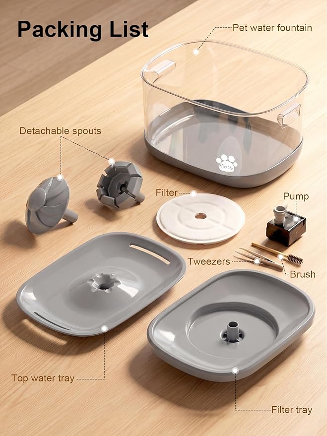 Kastty 9.5L Dog Water Fountain for Large Dogs,2.5Gal Large Capacity Pet Water Fountain with 3 Flow Modes, Automatic Quite Dog Water Bowl Dispenser with Water Window & LED,Easy to Clean(FS82,Grey)