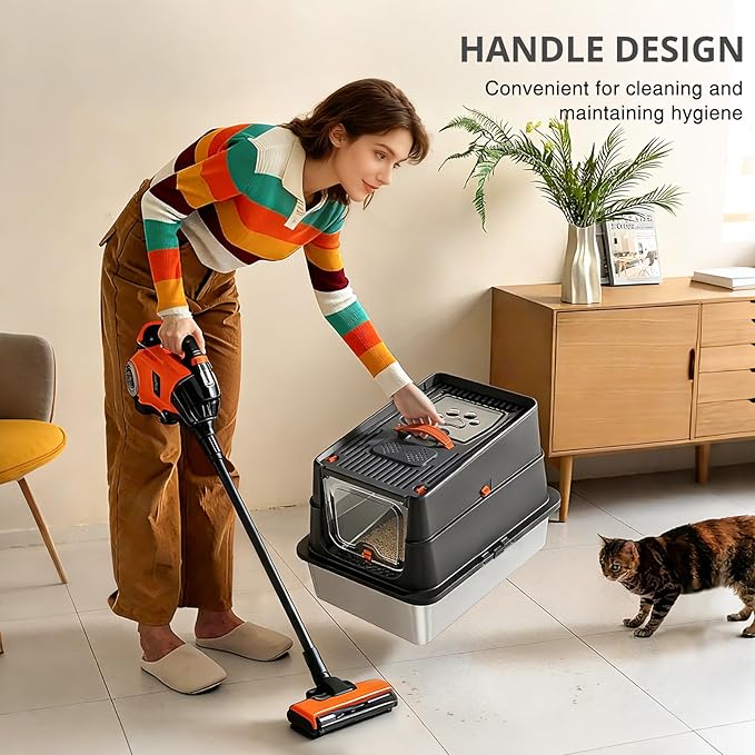 Stainless Steel Cat Litter Box, XL Enclosed Cat Litter Box with Lid, Easy to Clean High-Sided Metal Kitty with Top Entry, Scoop, Mat, Brush & Foot Pedal-Black