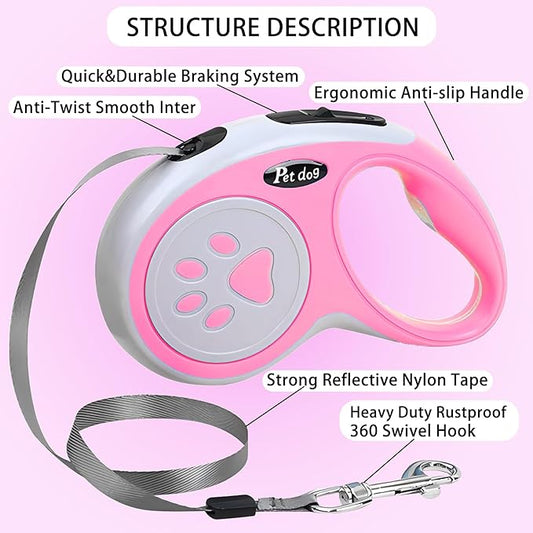 Retractable Dog Leash, VELIGOOD 5M/16FT Extendable Dog Lead with Strong Nylon Tape Tangle-Free One-Handed Brake, Pause, Lock for Small Medium Dogs (Pink)