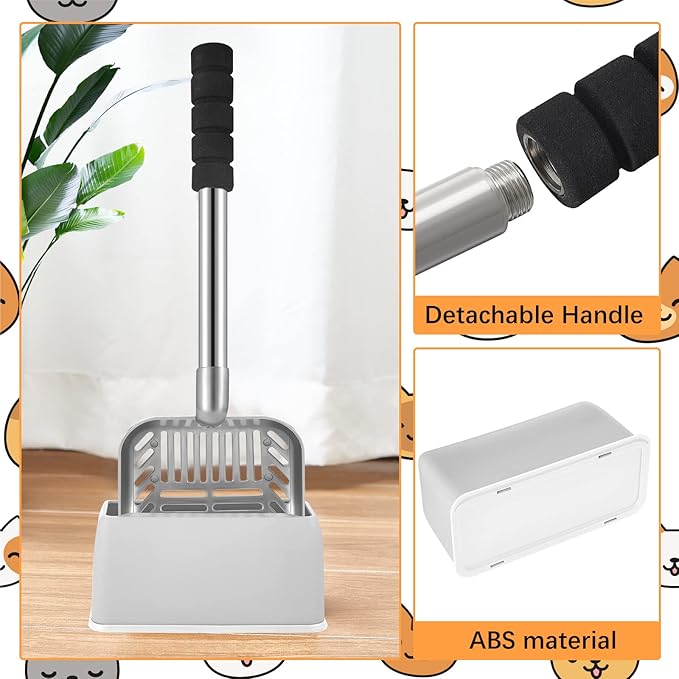 Hortsun 32 Inch Cat Litter Scooper Metal Long Handle with Cat Litter Scoop Holder Deep Kitty Sifter Shovel Detachable Stainless Steel Poop Sifter Scooper Caddy Kitty with Box(Gray)