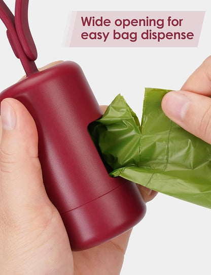 Gobeigo Dog Poop Bag Holder【Convenient Hook for Used Bags】【Silicone Strap Fits Any Leash】【Large Opening for Easy Dispensing】with 1 Roll Waste Bags (Red)