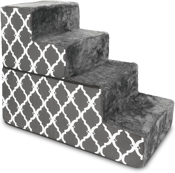 Best Pet Supplies Foldable Foam Pet Steps for Small Dogs and Cats, Portable Ramp Stairs for Couch, Sofa, and High Bed Climbing, Non-Slip Balanced Step Support, Paw Safe - Gray Lattice, 4-Step (H: 22")