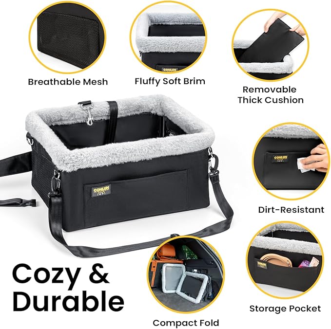 Conlun Dog Car Seat Booster for Small Pet Under 20lbs, Portable Travel Puppy Car Seat with Internal Steel Frame, Comfort Cushion & Storage Pockets, Adjustable Straps Fit Most Cars, Black
