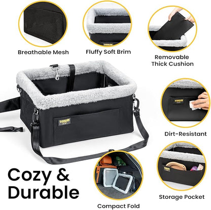 Conlun Dog Car Seat Booster for Small Pet Under 20lbs, Portable Travel Puppy Car Seat with Internal Steel Frame, Comfort Cushion & Storage Pockets, Adjustable Straps Fit Most Cars, Black