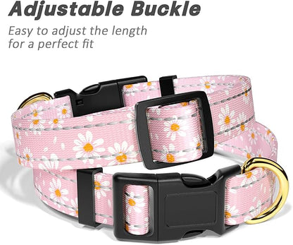 Reflective Dog Collar for Small Dogs, Cute Daisy Theme Adjustable Heavy-Duty Nylon Puppy Collar for Boy and Girl Female, Soft Pet Accessories with Quick Release Buckle, Neck 10-16", Pink