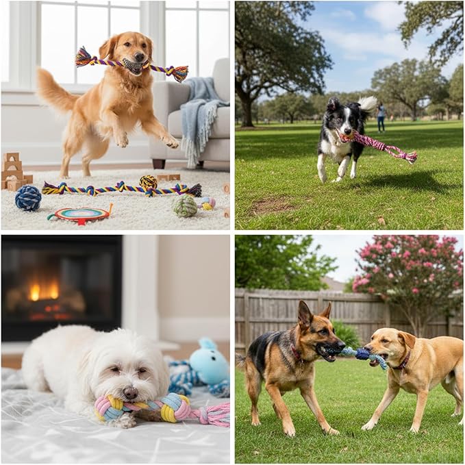 15-Piece Heavy Duty Dog Rope Toys for Large Aggressive Chewers, Indestructible Teeth Cleaning Tug of Toy, Knot + Toy Ball + Bell-Equipped Mini Frisbee.