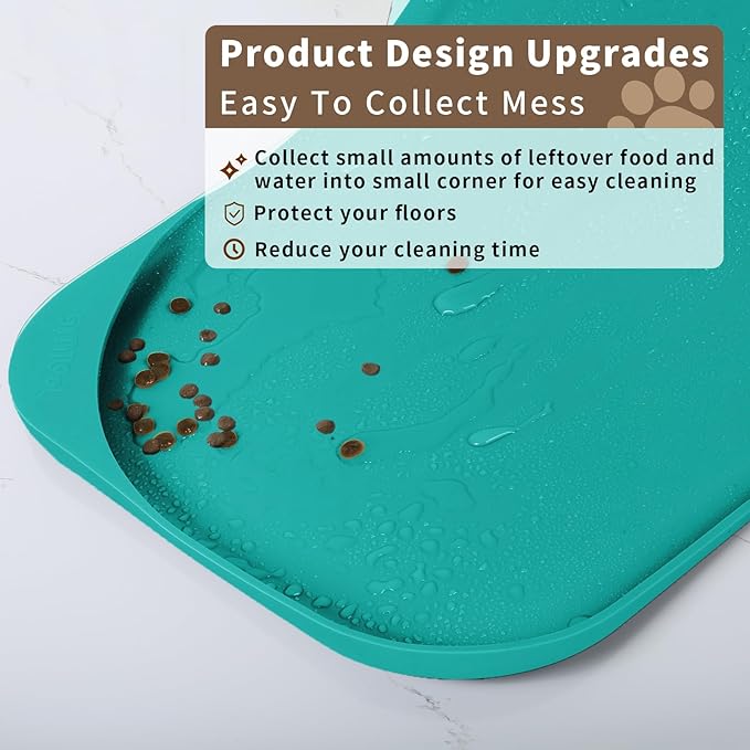 Silicone Pet Food Mat with Raised Edge for Food and Water Bowl, Dog Feeding Mats, Cat Food Trays for Floor Waterproof, Rubber Tray for Dogs and Cats, 19 x 12 x 0.7 Dark Turquoise