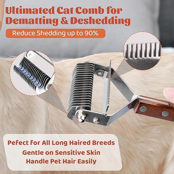 Pet Brush for Dematting & Deshedding, Professional Cat Grooming Brush, Dog Grooming Brushes with Wood Handle, Shedding Comb for Indoor Cats & Long Haired Cat Dog Pet